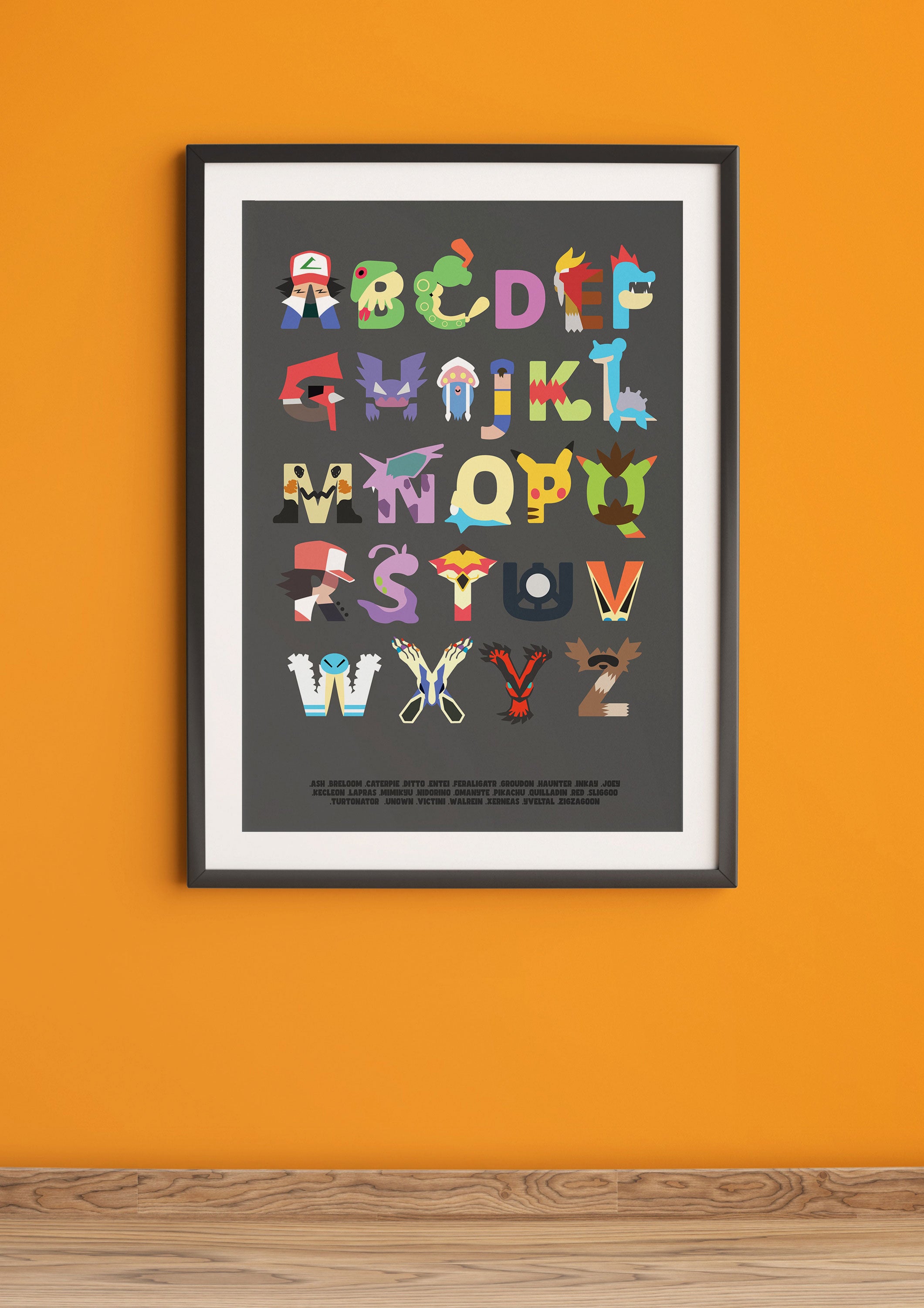 Pokemon Alphabet in Black frame White border Portrait Art Print