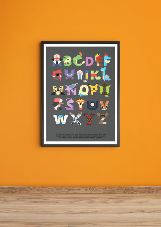 Pokemon Alphabet in Black frame White border Portrait Art Print